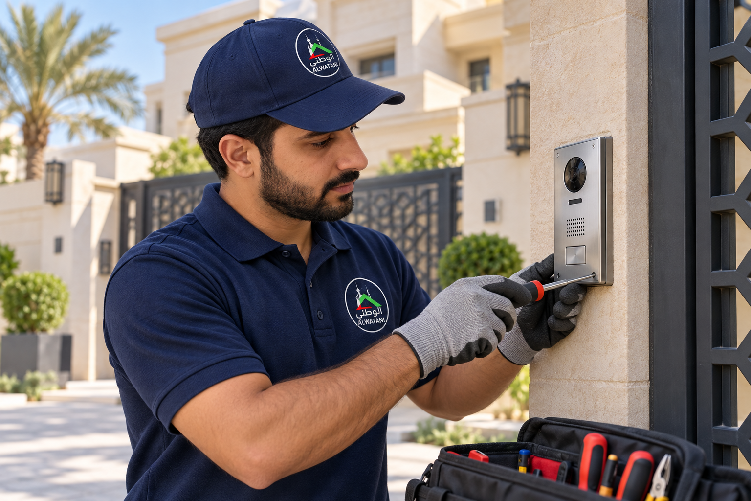 Al-Watani technician installing a video intercom